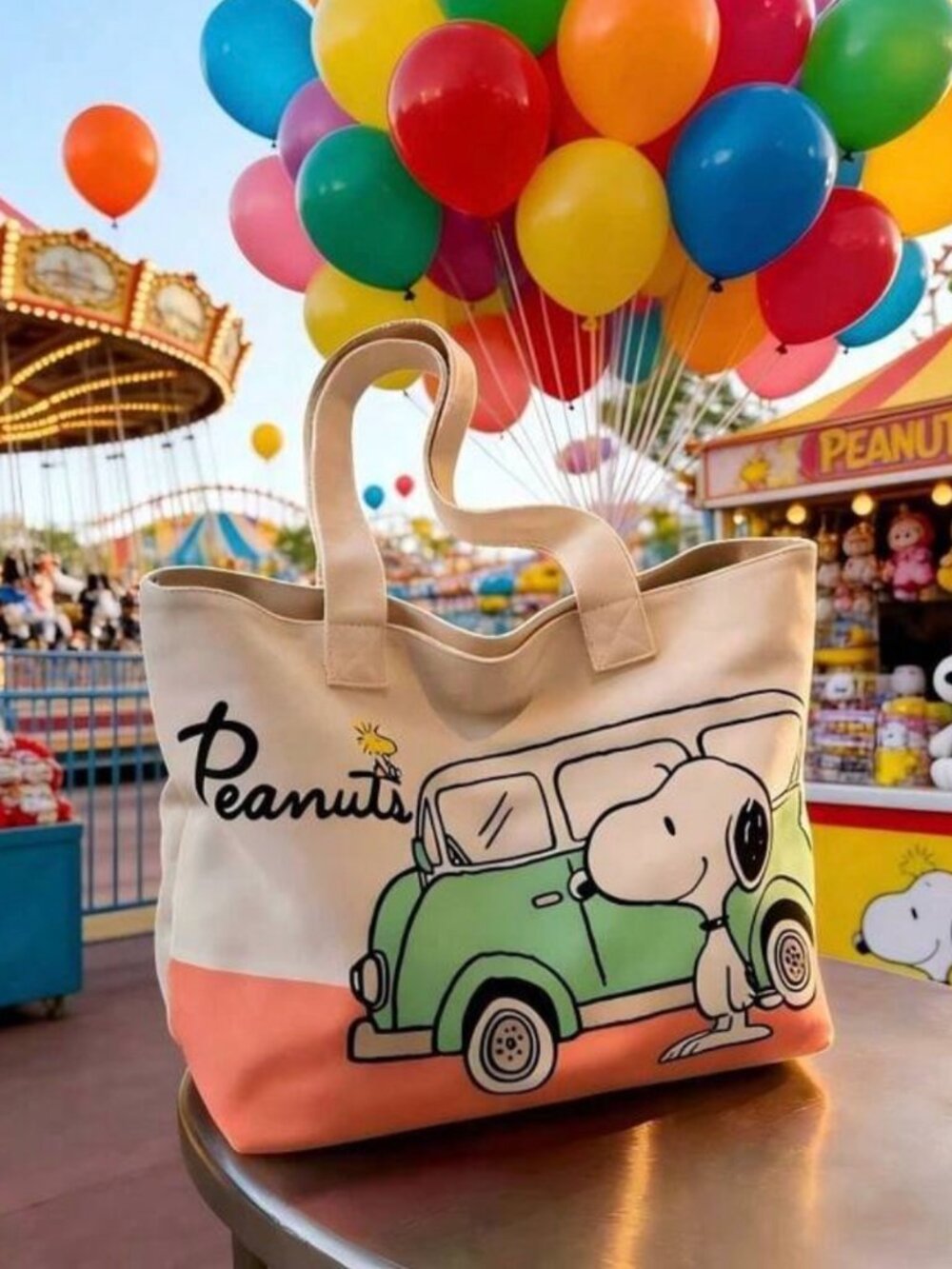 NWT Peanuts Snoopy & Woodstock Green Car Canvas Tote Bag Cute Retro Handbag